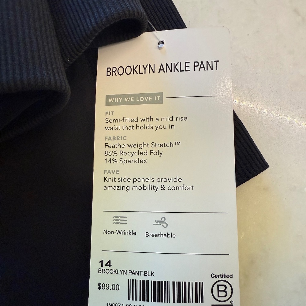 NWT WOMENS ATHLETA BROOKLYN BLACK PANT w/POCKETS SIZE 14